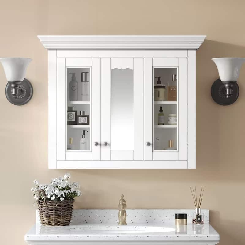 Versatile Bathroom Wall-Mounted Cabinet with Adjustable Shelves and Stylish Mirror - White - Wood Finish