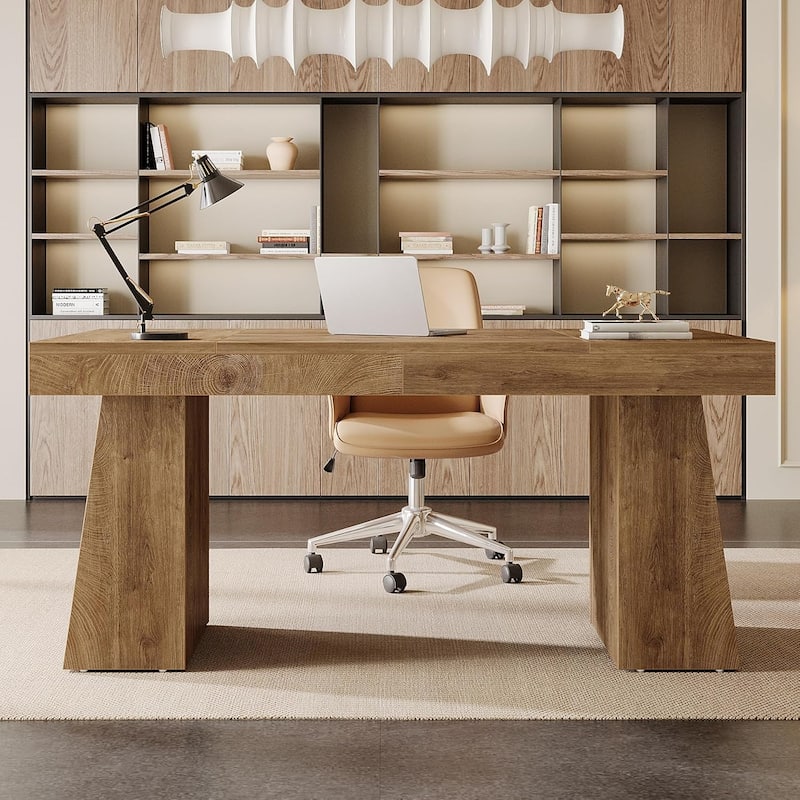 Brown Wood Mid-Century Executive Desk for Home Office