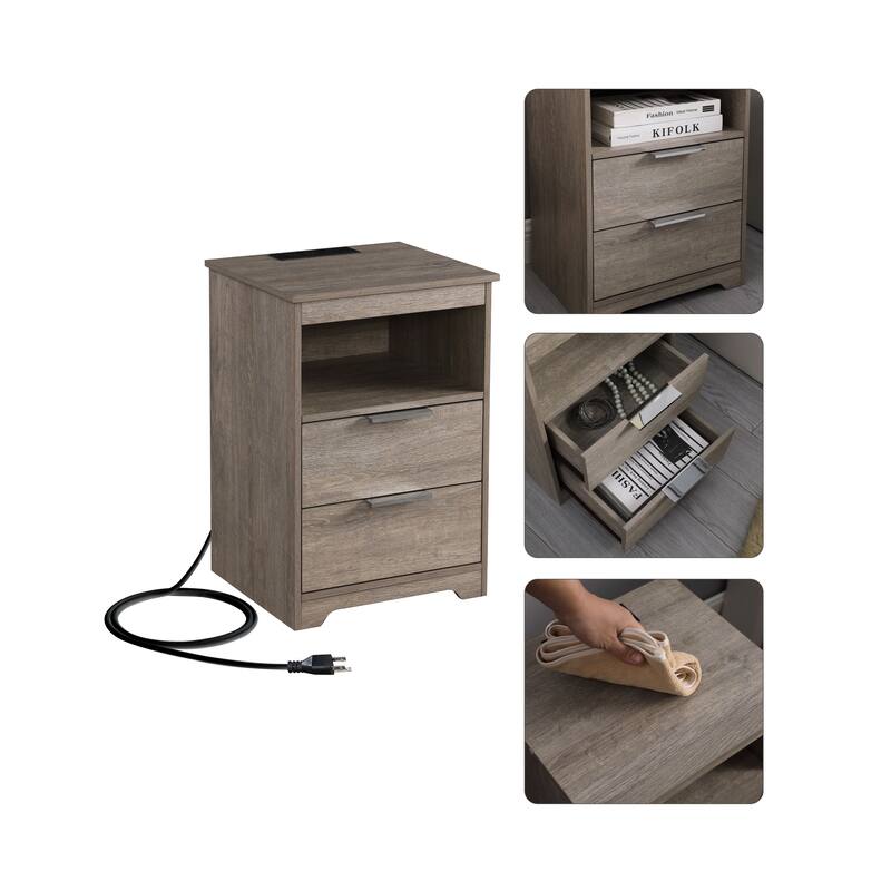 End Table Side Table Nightstand with 2 Drawers, Lamp Table Gray Dressing Table with Open Shelf and Charging Station