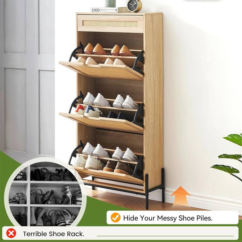 GAOMON Rattan Shoe Storage Cabinet with 3 Flip Door and 1 Drawer
