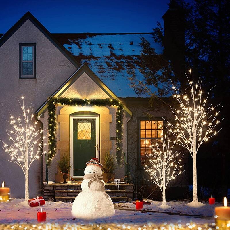 3 Piece Pre-lit Artificial Christmas Tree Set with Warm White Lights, Twinkle LED Birch Tree for Wedding, Festival, Party
