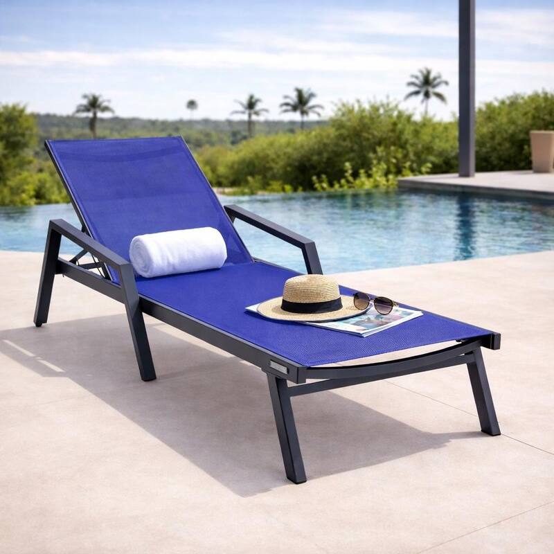 Marlin Outdoor Stackable Mesh Sun Chaise Lounge Chair with Arms and Adjustable Backrest for Pool, Beach, Patio, and Garden