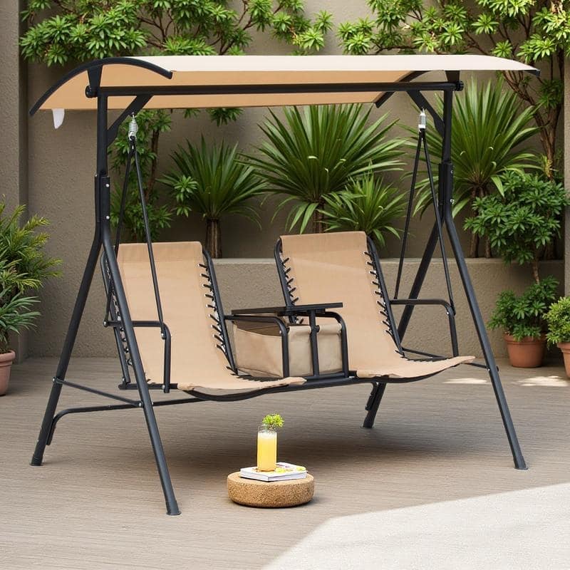 Steel 2-Seat Patio Swing with Canopy, Cup Holders and Storage Table (528lb Capacity) - Beige
