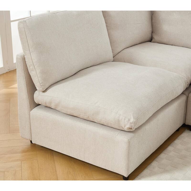 5-seat Modular Sectional Couch with Wireless Charging, Cup Holders & Book Storage, Beige Soft Linen Fabric