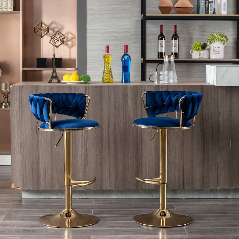 Set of 2 Adjustable Swivel Bar Stools, Blue Velvet with Chrome Footrest & Gold Legs