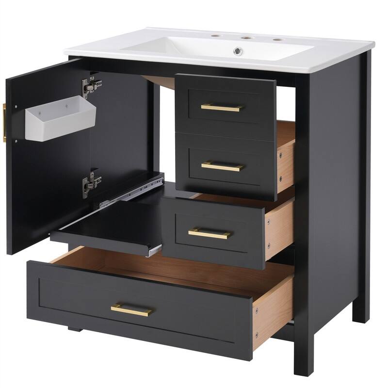 30" Bathroom Vanity with Ceramic Sink Top, Modern Bathroom Storage Cabinet with Soft Close Door, 3 Drawers and Removable Tray