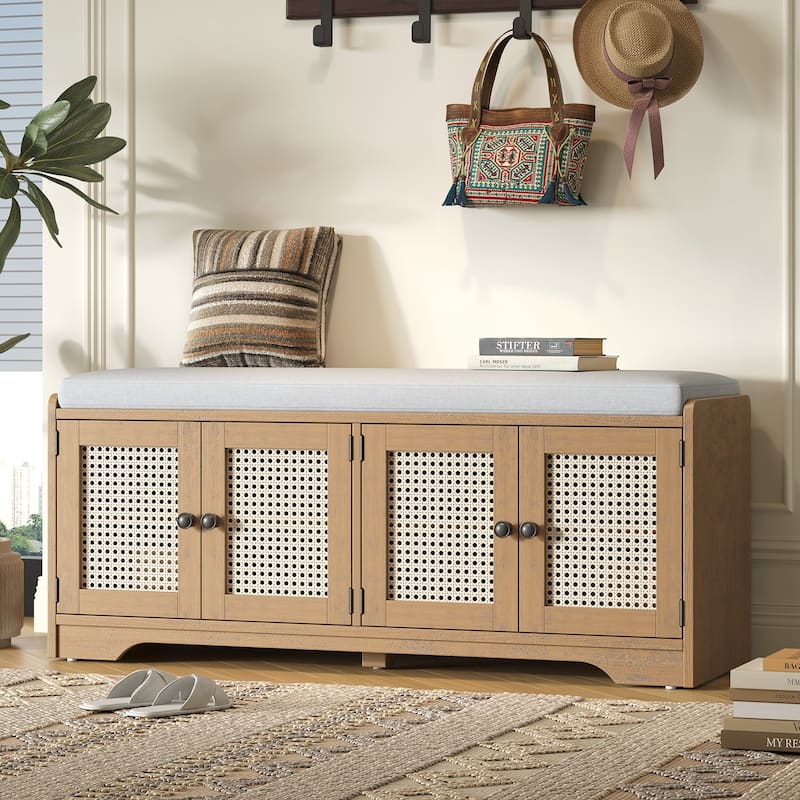 Rustic Storage Bench Multifunctional Wood Entryway Shoe Bench with Removable Cushion, Woven Rattan Doors & Adjustable Shelves