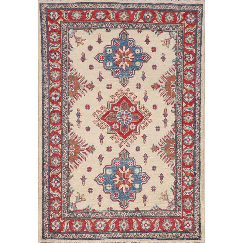Beige / Ivory Geometric Kazak Oriental Accent Rug Handmade Wool Carpet - 3'2" x 5'0"