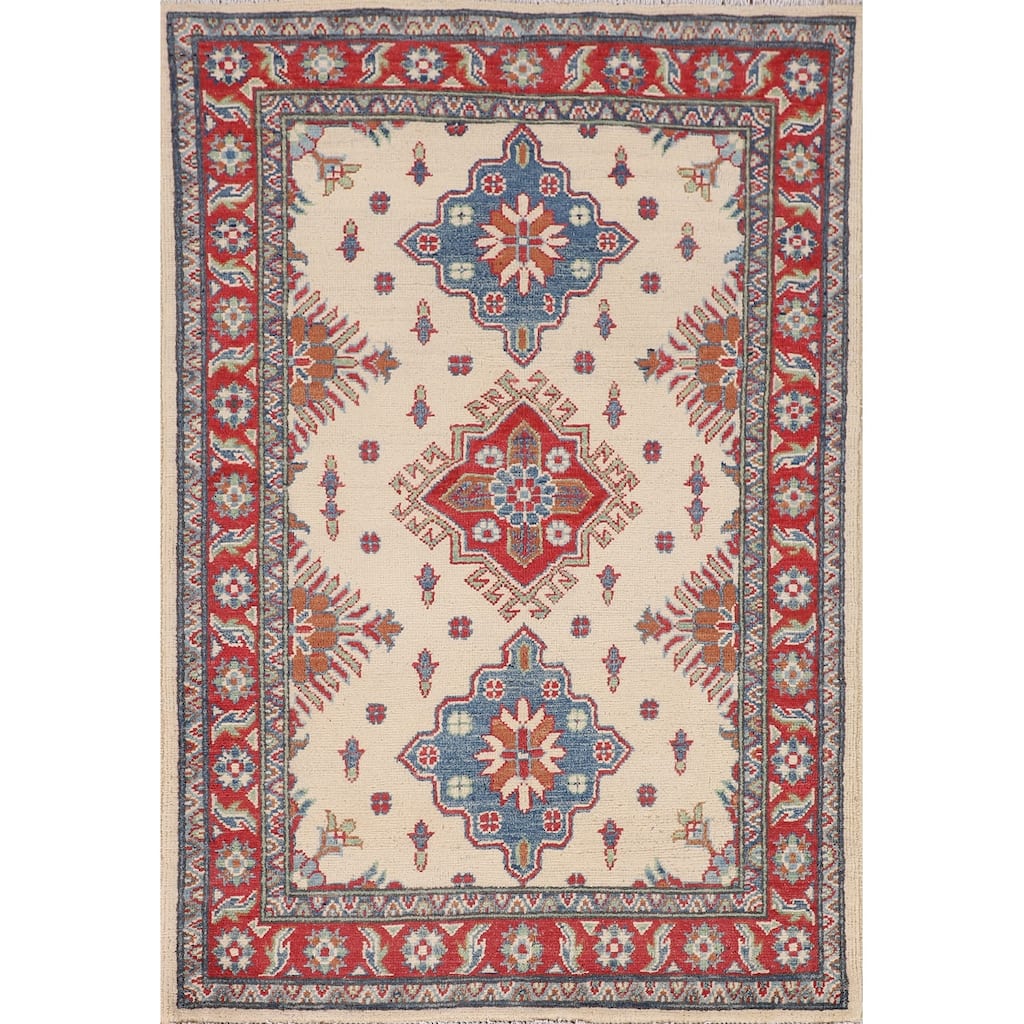 Beige / Ivory Geometric Kazak Oriental Accent Rug Handmade Wool Carpet - 3'2" x 5'0"