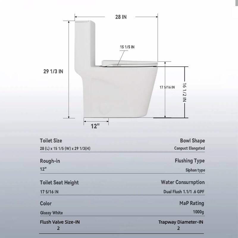 Anmytek One Piece Elongated Toilet Tornado Dual Flush MAP 1000g ADA 17 Inch Soft Close Seat 1.1/1.6 GPF 12 Inch S Trap