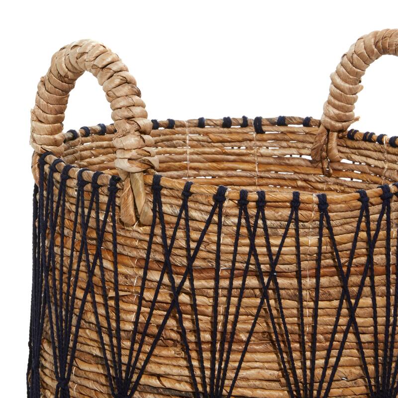 Brown Banana Leaf Handmade String Detail Decorative and Functional Storage Basket with Handles (Set of 3)