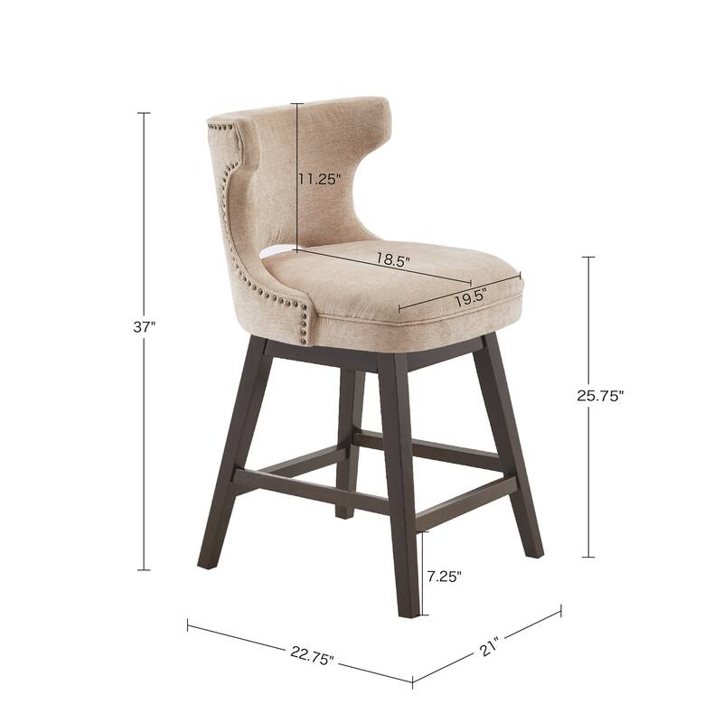 Roomfitters 360-Swivel Counter Stool, Upholstered Low Back Bar Chair with Nailhead Trim and Metal Kickplate - Beige