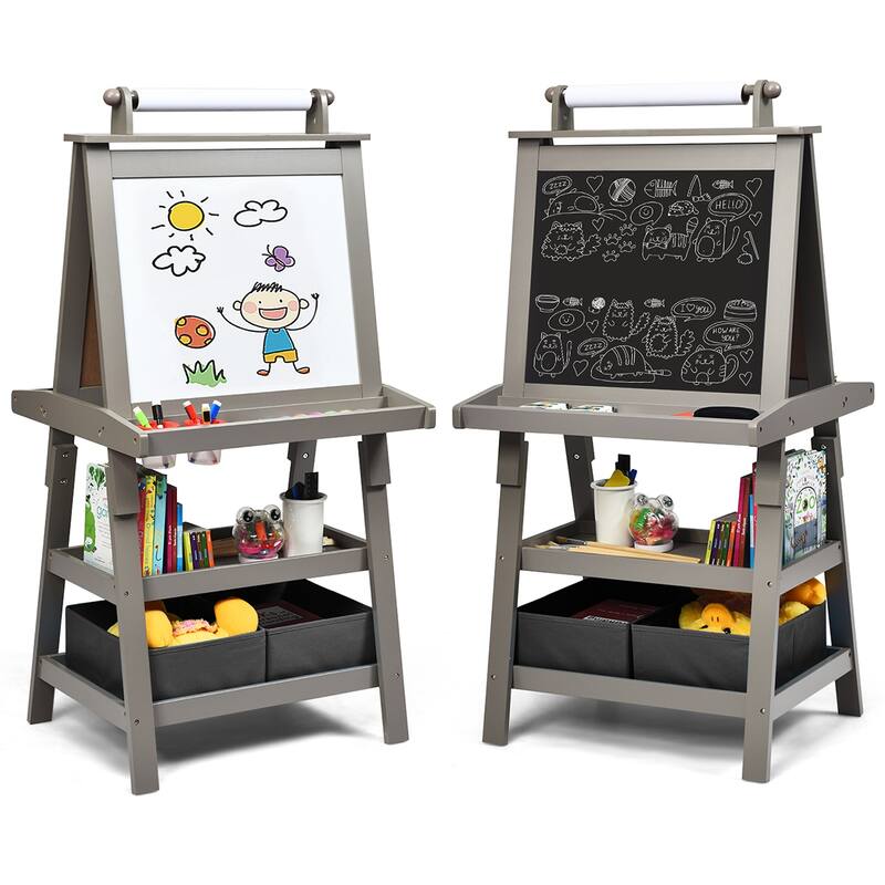Grey 3-in-1 Kids Art Easel with Double-Sided Blackboard Whiteboard Paper Roll and Storage - 23.5" x 19.5" x 46" (L x W x H)