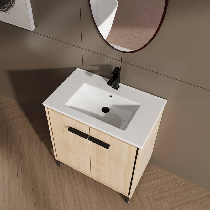 GDFStudio - Denton Modern Freestanding Bathroom Vanity Cabinet with Ceramic Sink, Soft Close Doors & Metal Tripod - 30"