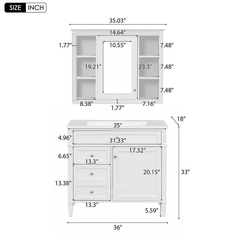 36 Inch Bathroom Vanity Set with Ceramic Sink, Medicine Mirror Cabinet, Soft Closing Doors and Drawers