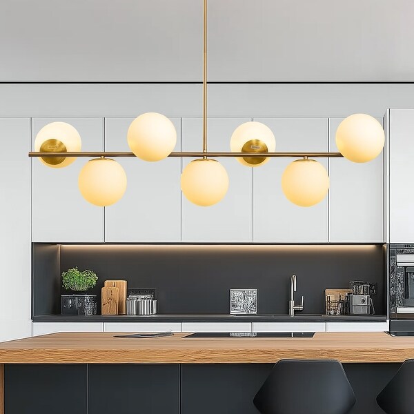 YANSUN 7 Light Polished Gold Pendant Light with Milk White Round Shades E26 Base 11.8 43.3 9