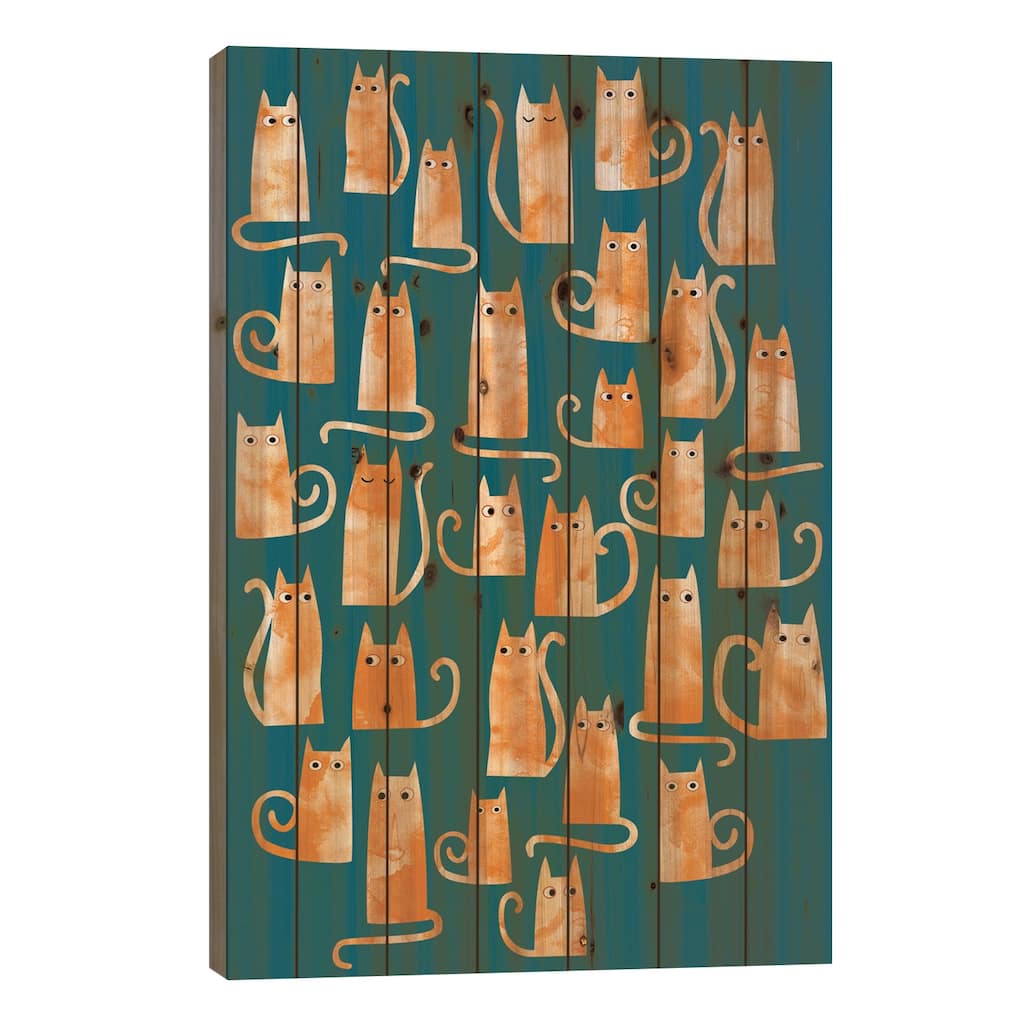 Ginger Cats Watercolor Teal Print On Wood by Nic Squirrell - Multi-Color