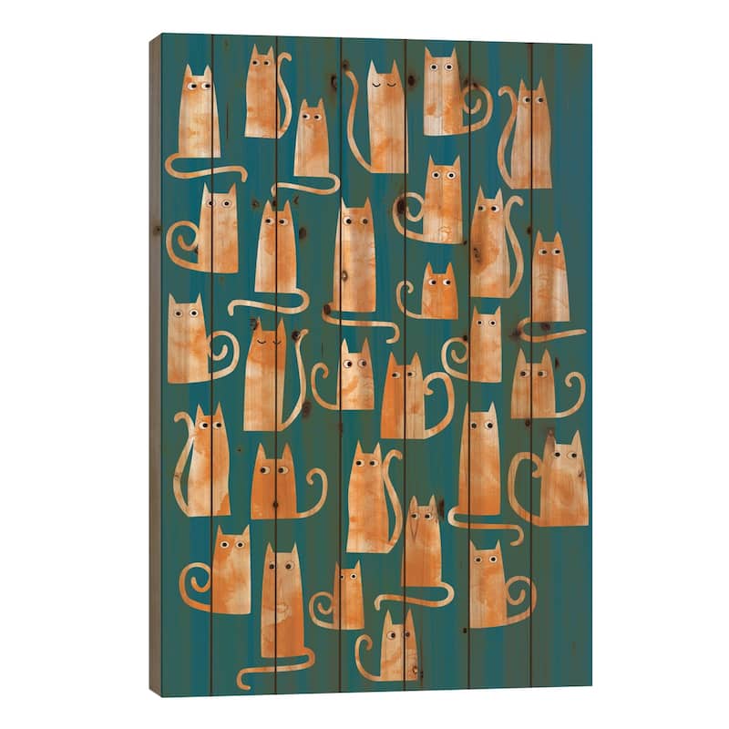 Ginger Cats Watercolor Teal Print On Wood by Nic Squirrell - Multi-Color - 40x26x1.5