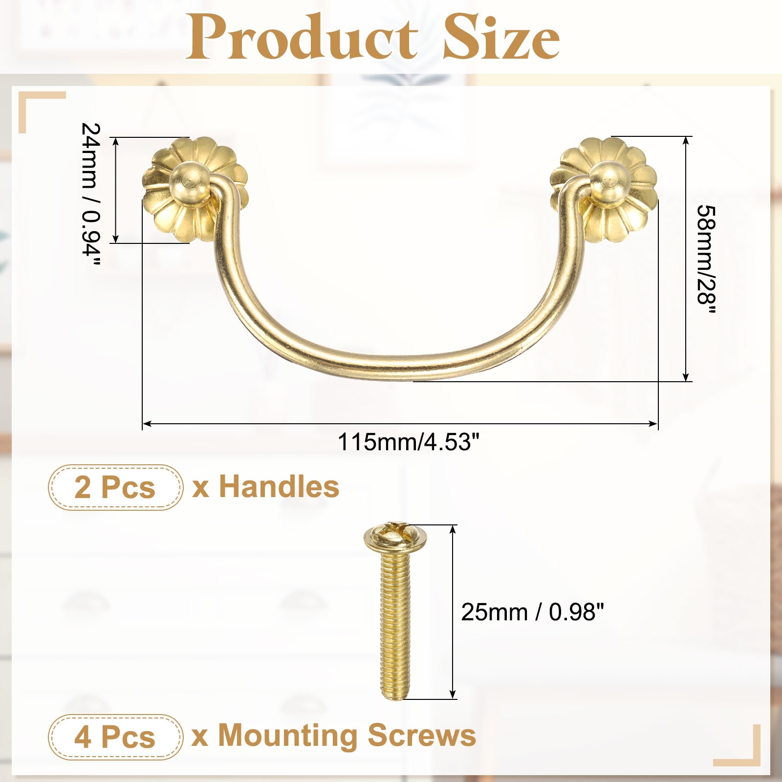 Brass Drawer Pulls and Knobs with Double Mounting Holes, Vintage Ring Drawer Pulls with Screws