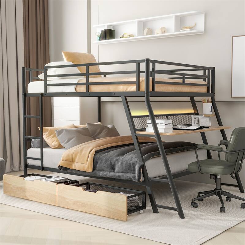 Full Size Bunk Bed with Built-in Desk and Light