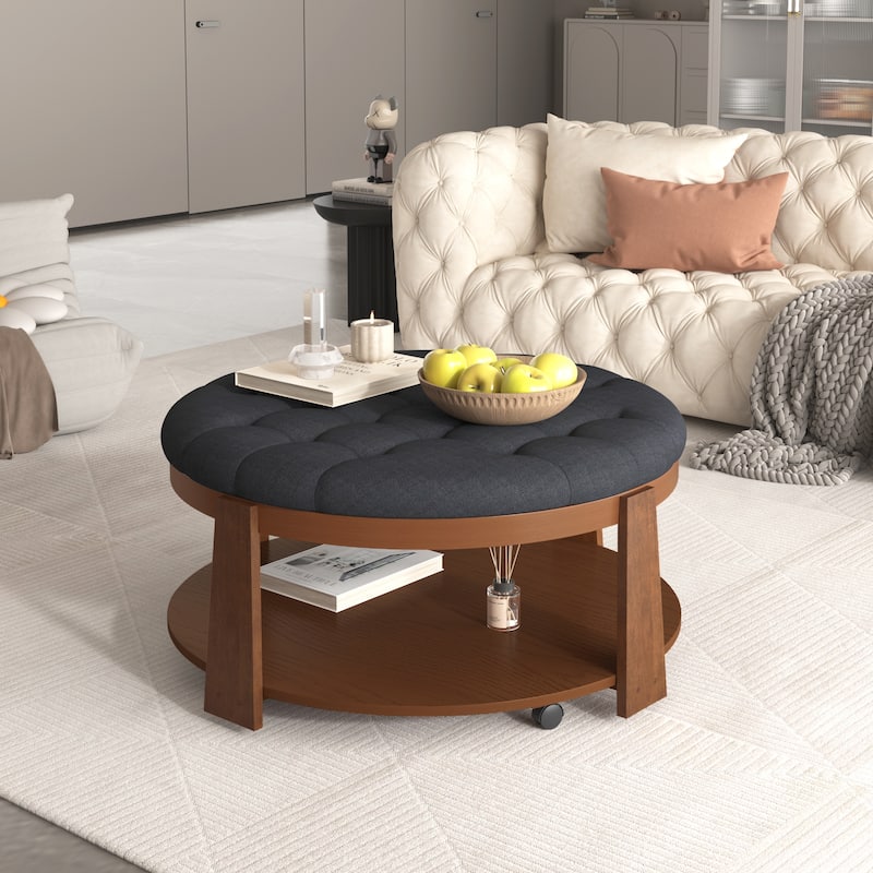 Modern Large Round Ottoman Coffee Table 2-Tier Oversized Button Tufted Ottoman with Wood Shelf Storage Upholstered Coffee Table