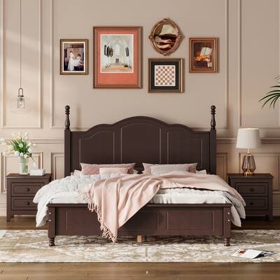 3 Pieces Bedroom Sets, Queen Size Platform Bed Frame with Headboard & 2 Nightstand, Solid Wood Bedroom Furniture Sets, Walnut