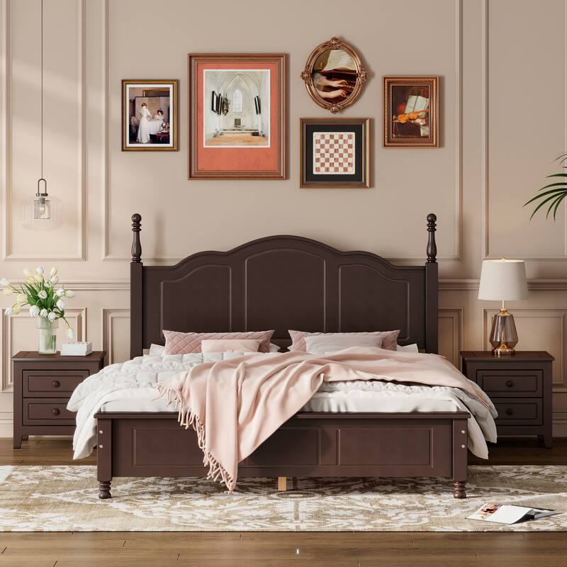 Queen Size Pine 3-Piece Bedroom Set with Platform Bed and 2 Nightstands - Walnut