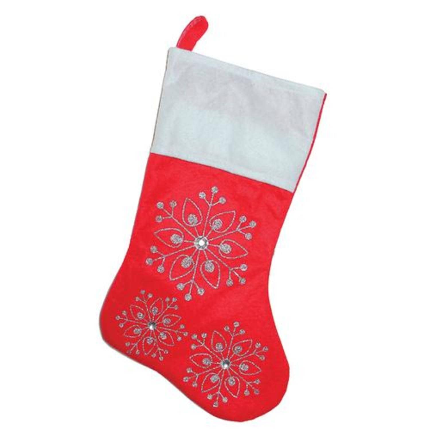 19" Red White Felt Christmas Stocking Glitter Snowflakes Gemstones
