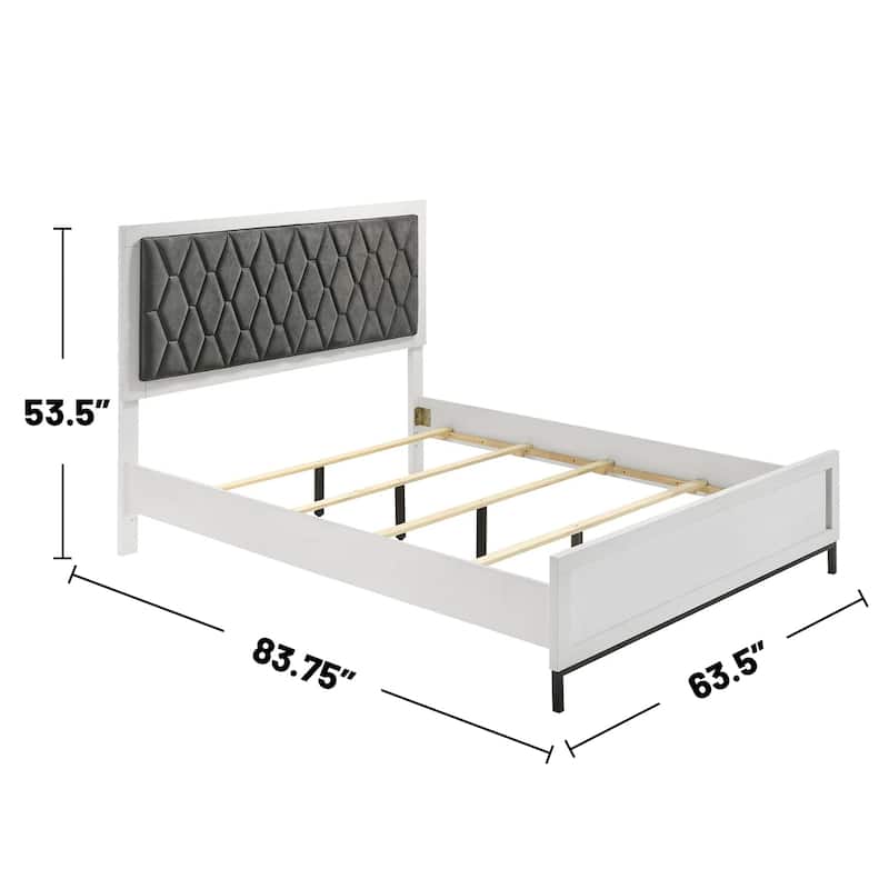 Upholstered Panel Bed with Tufting Headboard in White and Dark Grey
