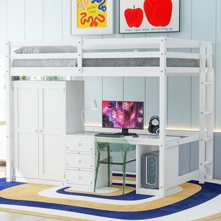 White Full Size Twin Size Pine Wood Loft Bed with Wardrobe, Desk, and Storage Drawers
