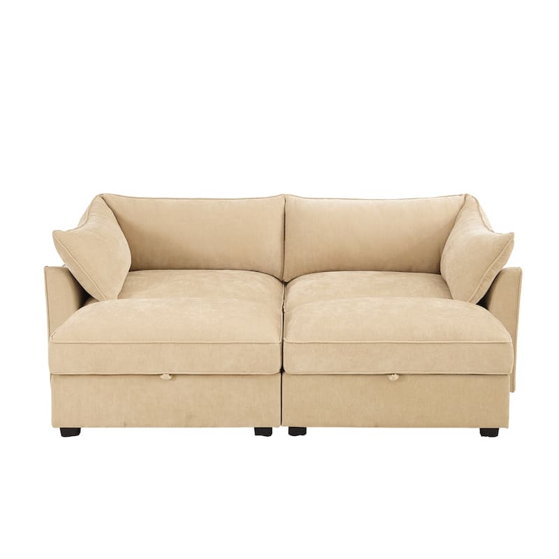 2-Seater Loveseat with 2 Movable Ottoman & Pull out Storage Drawer Under