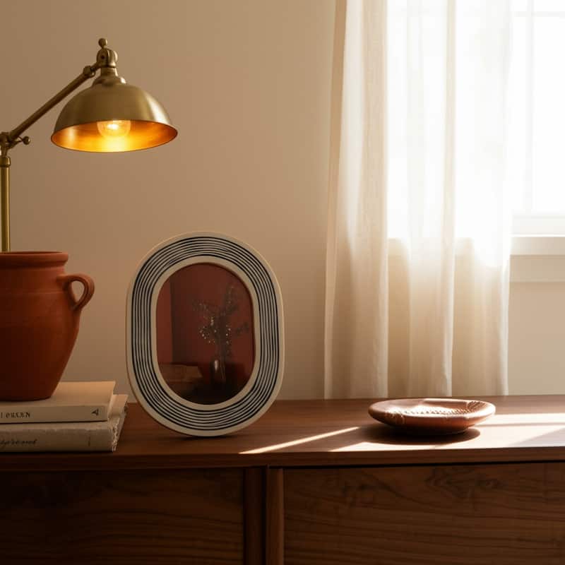 Resin Glass Oval Photo Frame Featuring Striped Detailing Casual Style - 7.5" x 0.75" x 9.5"