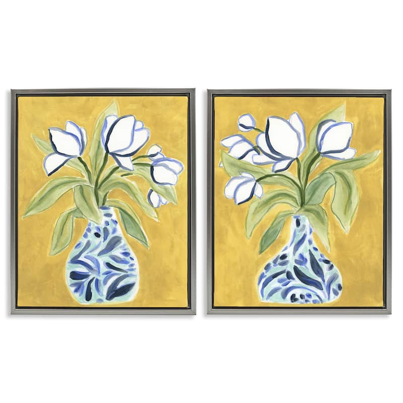 Stupell Tulip Vases on Yellow Framed Floater Canvas Wall Art Design By June Erica Vess (Set of 2) - 25 x 31 - Grey