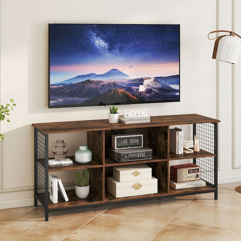 55 Inch Rustic Wood and Metal TV Cabinet with USB Charging and AC Power Outlet 3-Tier Open Storage - 55" x 16" x 25"