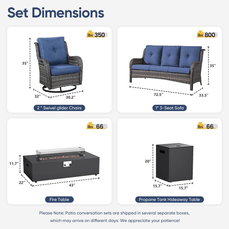Pocassy Outdoor 5 Pieces Sofa Swivel Chair with Fire Pit Table