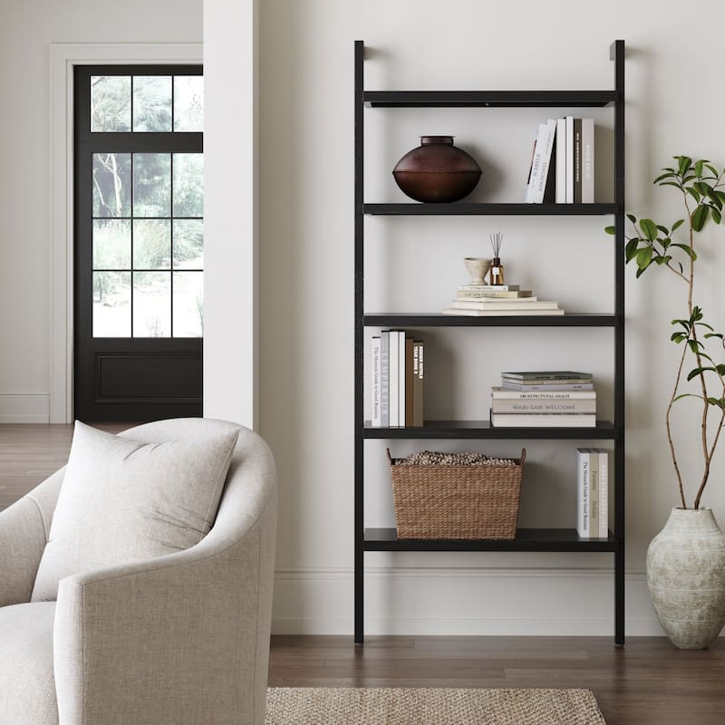 Beacon Boho Rustic 5 Tier Bookshelf, Wall Mounted Solid Wood Bookcase - Single - Black Oak