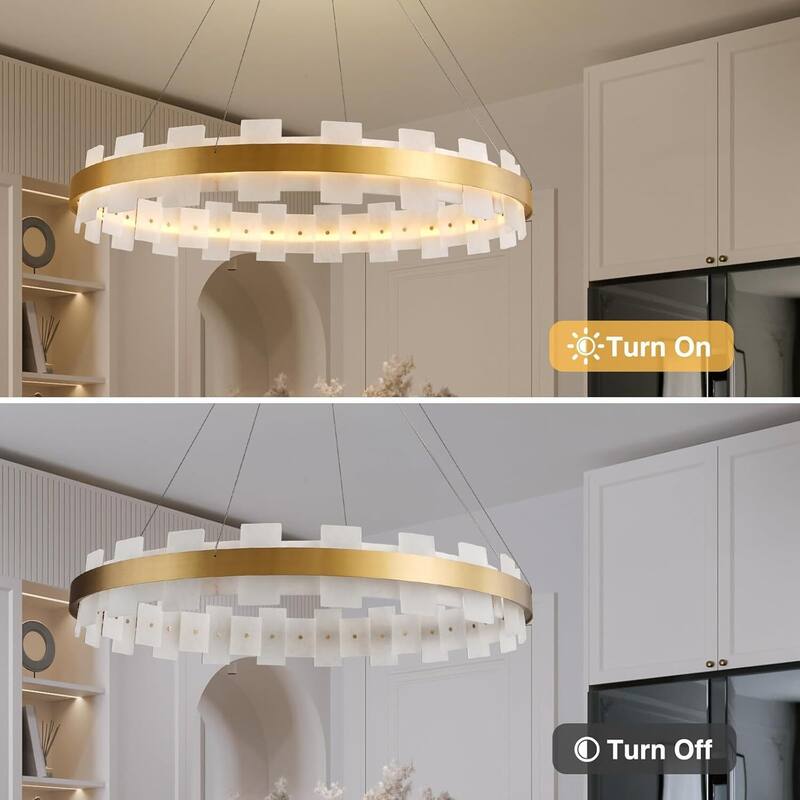 KAYLA Luxury Alabaster Chandelier, 37.4 in. Modern Integrated LED Gold Pendant Light for Entryway, Living Room & Foyer