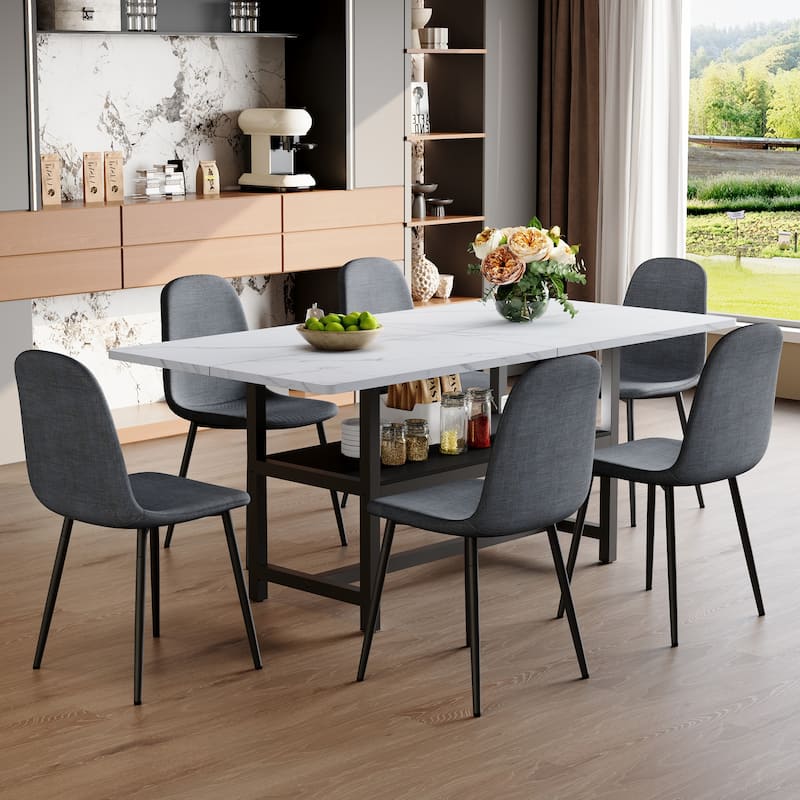 7-Piece Modern Dining Table Set, 71x35.4 Inch Wood Grain Table with 6 Linen-Cotton High