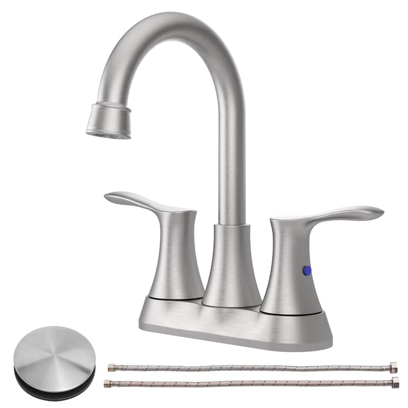 Bathroom Faucet with Pop-up Drain & Supply Hoses 2-Handle 360 Degree High Arc Swivel Spout Centerset 4 Inch Vanity Sink Faucet - Brushed Nickel