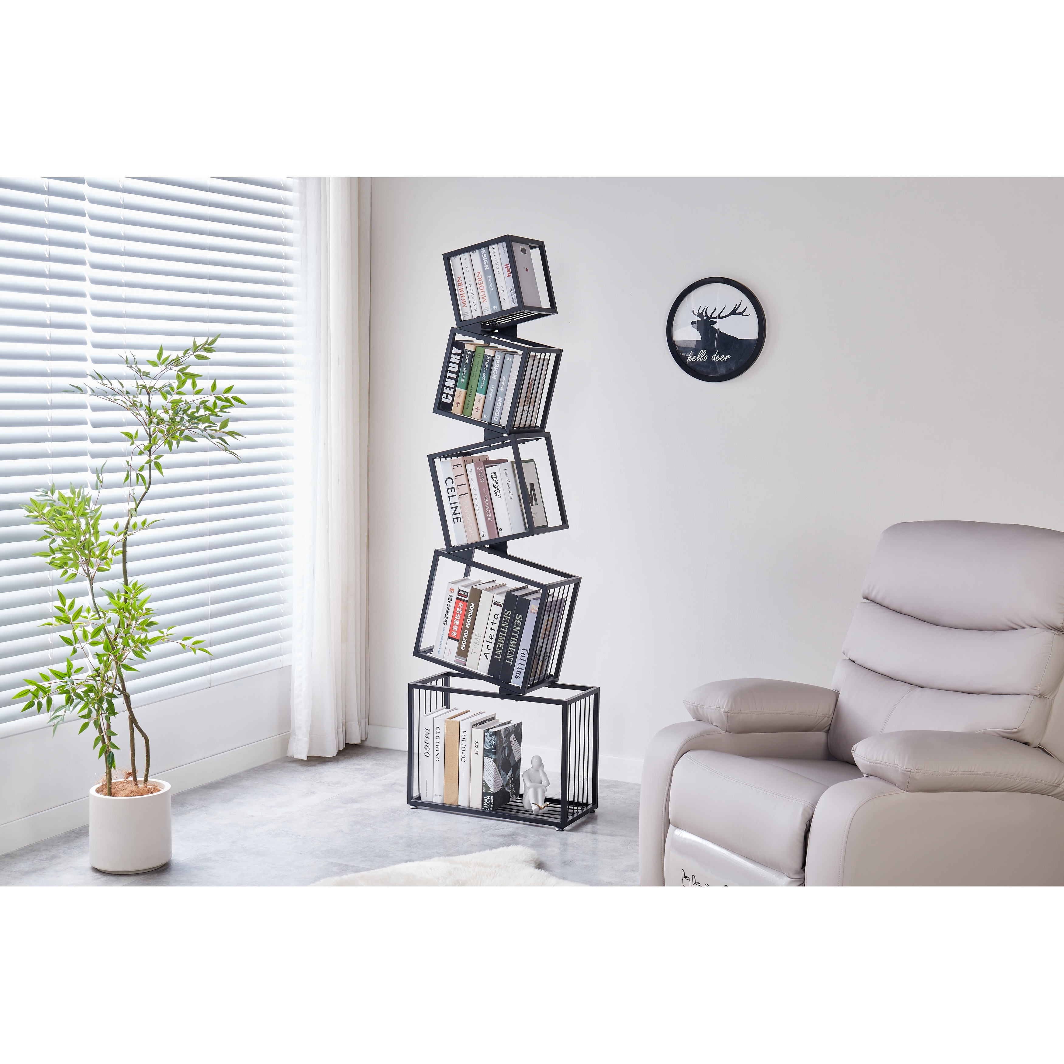 5-Tier Metal Geometric Bookshelf, Narrow Floor Organizer, Space-Saving for Home & Office