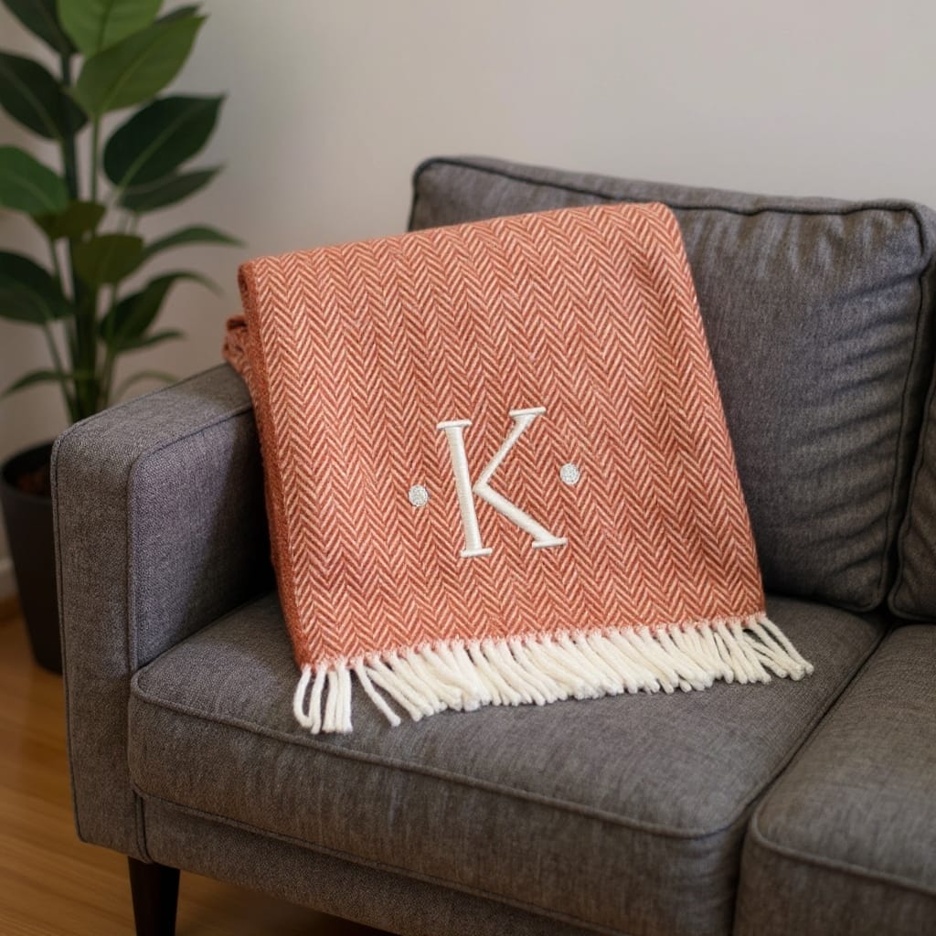 HomeRoots 55" X 70" Terra Cotta And White Herringbone Cotton Blend K Initial Throw Blanket with Tassels And Embroidery