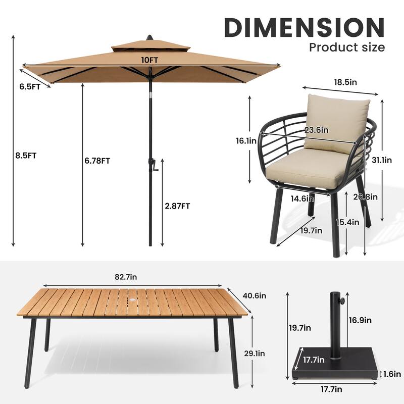 9/11-PieceOutdoor Patio Dining Set with Sunbrella Cushions Aluminum Dining Table and Chairs w/10 ft Umbrella and Base