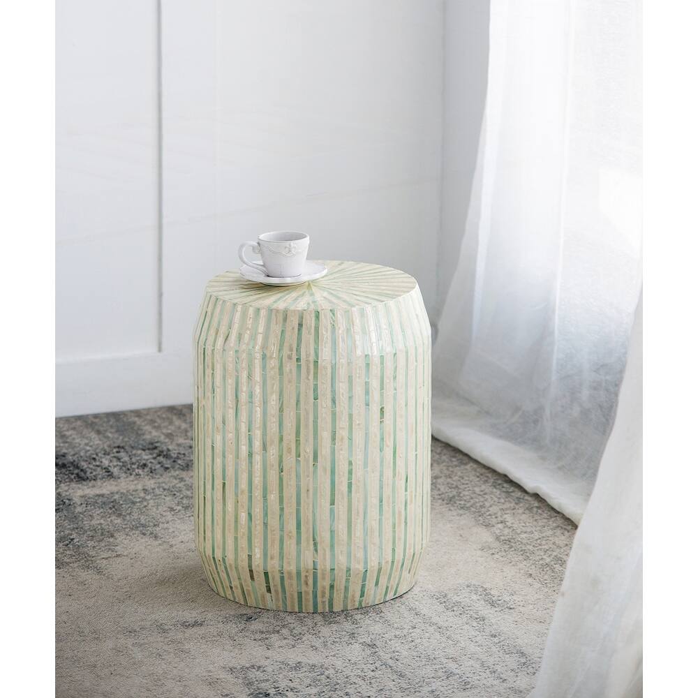 Cream and Green Cylinder Accent Stool with Striped Pattern