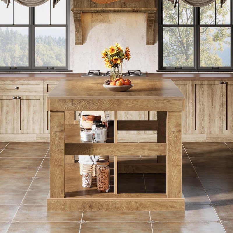 55-Inch Stationary Kitchen Island with Storage Shelves and Large Worktop, Farmhouse Style, Light Brown