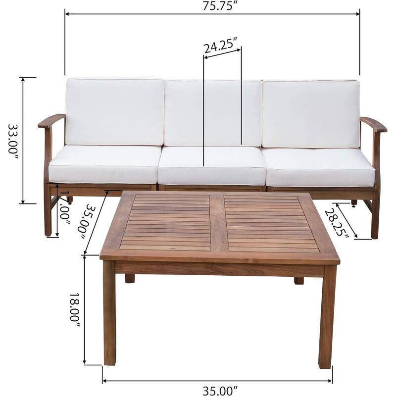 Outdoor 3-Seater Acacia Wood Sofa Set with Coffee Table and Water-Resistant Cushions, Removable Covers Included