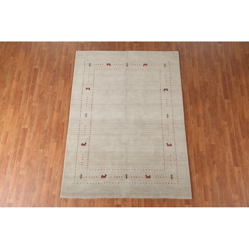 Tribal Gabbeh Area Rug Handmade Oriental Beige Wool Carpet - 5'5"x 7'6"
