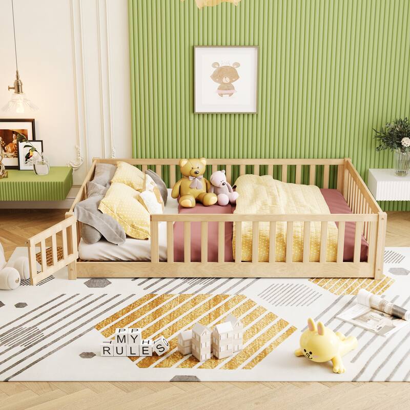 Floor Platform Bed with Fence Guardrails and Door