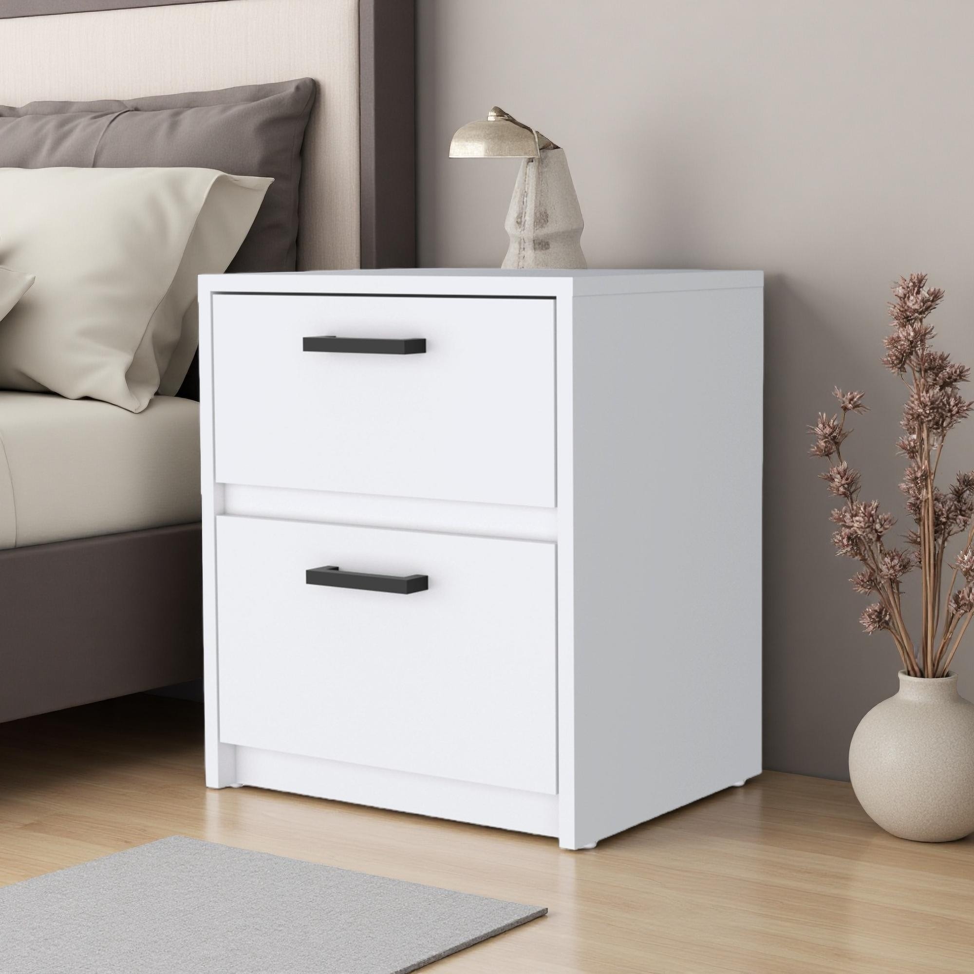 15"L Wenge Nightstand with 2 Drawers & Metal Handles, Modern Design