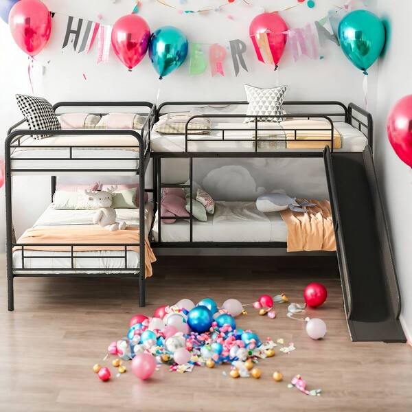 slide 2 of 11, Twin Size L-Shaped 4 Beds In 1 Bunk Bed With Slide And Ladder for Home Black