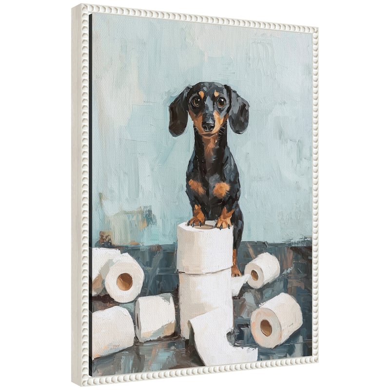 Kate and Laurel Sylvie Cute Dachshund Dog Toilet Paper Rolls Blue Teal Bathroom Art Framed Canvas by The Creative Bunch Studio - 18x24